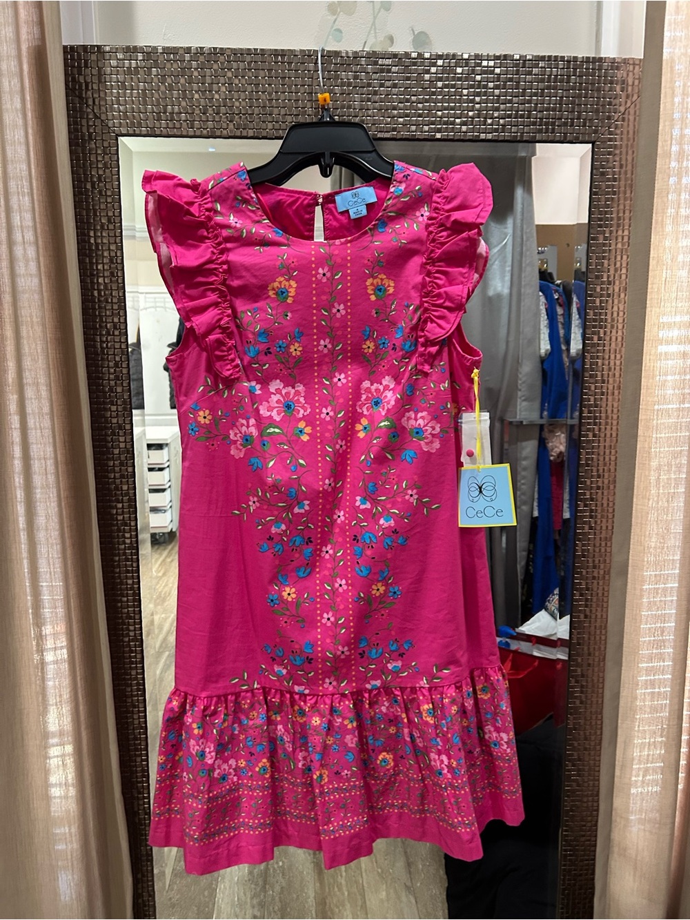CeCe Bright Pink Floral Ruffle Sundress